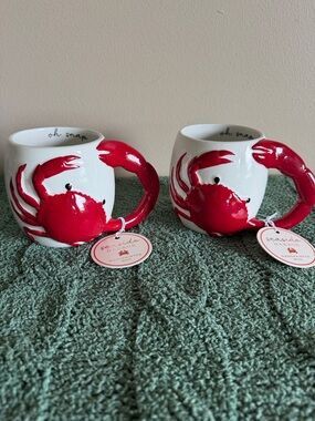 Sunday Morning Seaside Harbor Nautical Crab 🦀 Mugs Red Set of 2 NEW!
